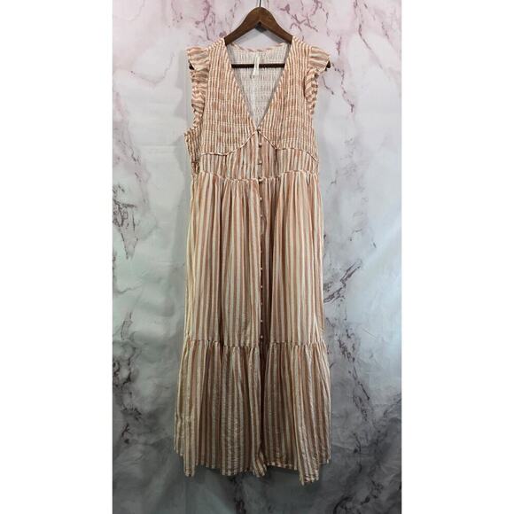 By Anthropologie Dress Womens 1X Pink White Stripe Smocked Midi Flutter - Picture 1 of 12